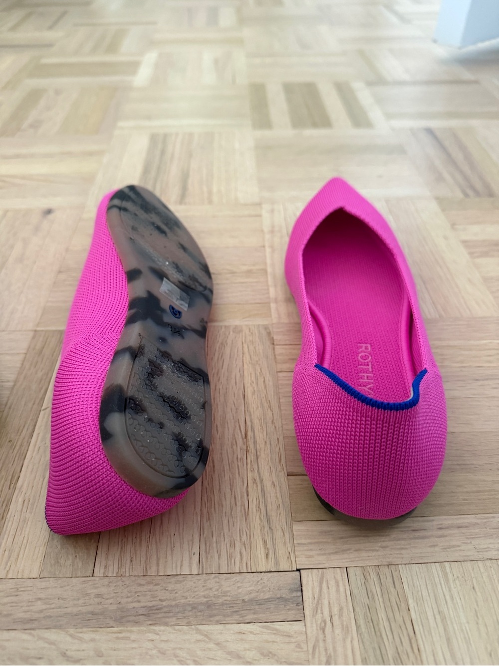 Rothy's Pointed Toe Flats in Hot Pink with Blue Heel Tab - Picture 3 of 5